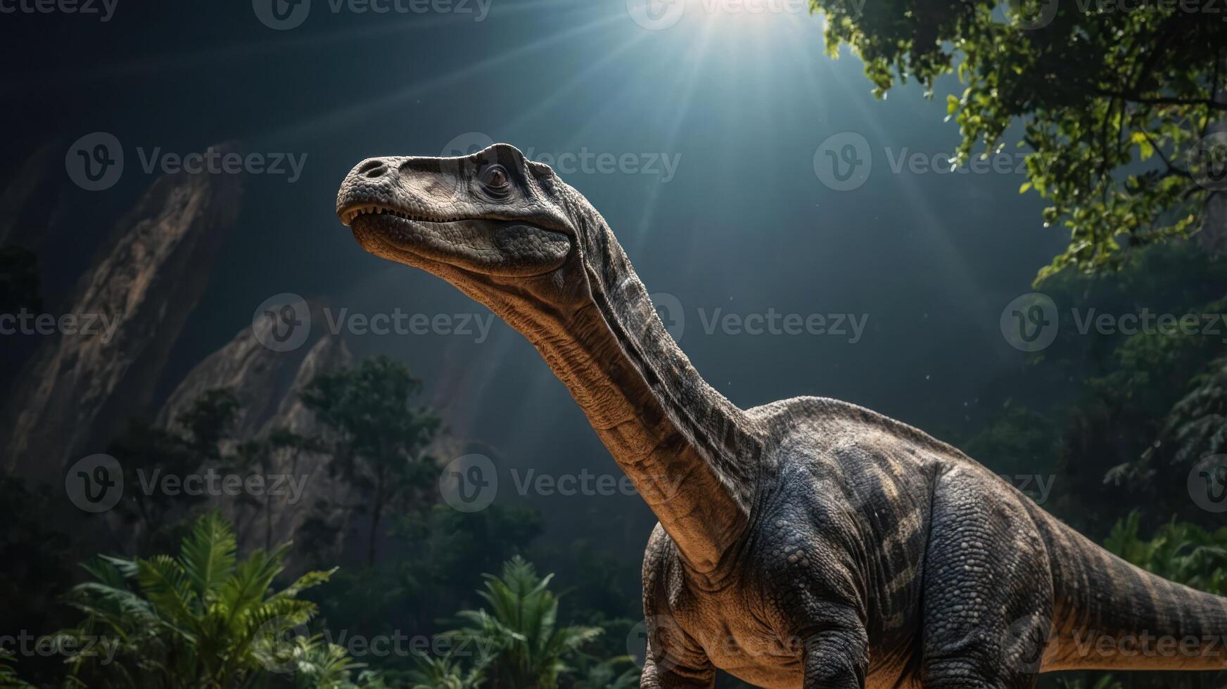 A dinosaur stands majestically in a lush, prehistoric environment illuminated by sunlight. photo