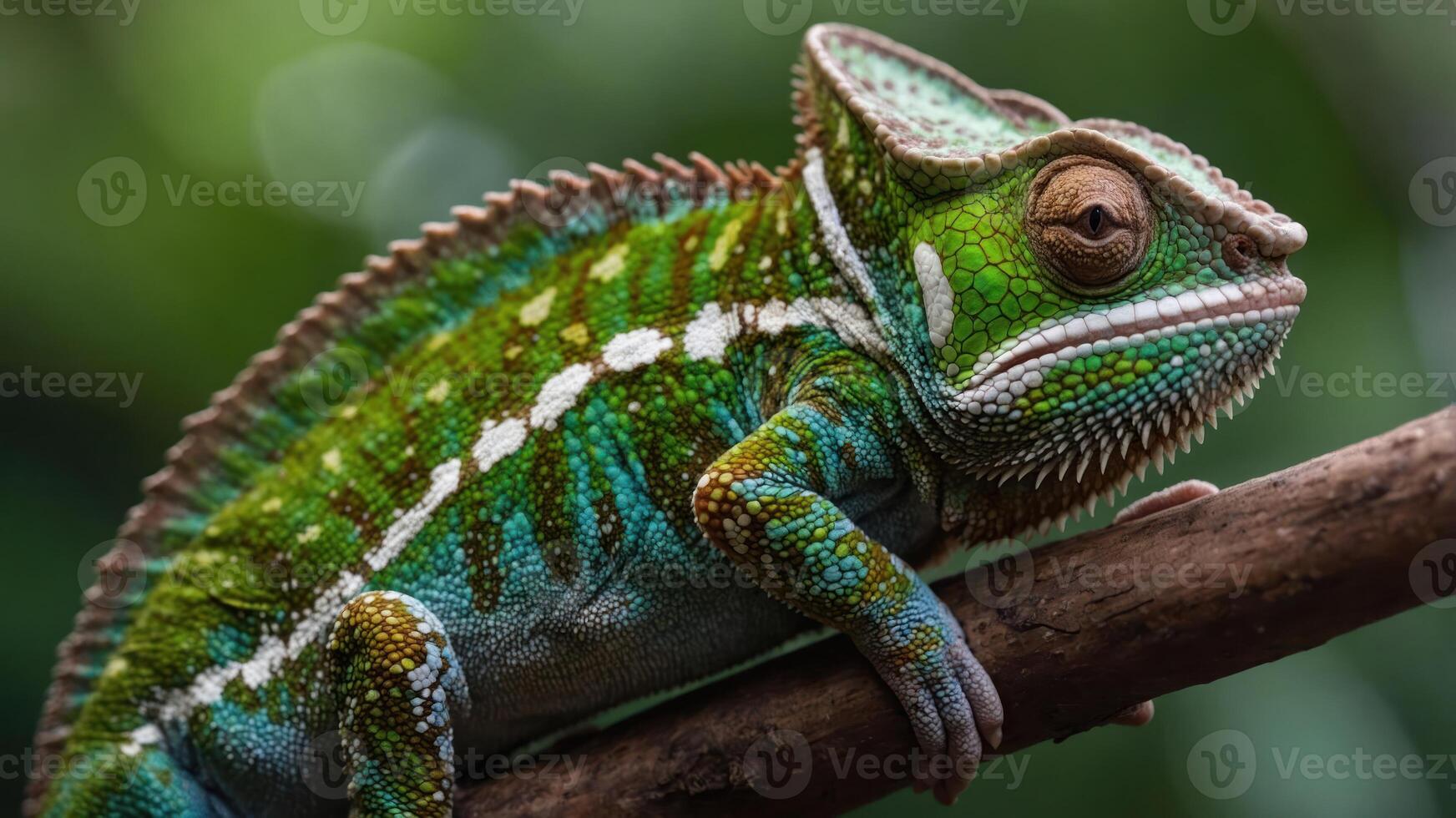 A close-up of a vibrant chameleon resting on a branch, showcasing its colorful skin. photo