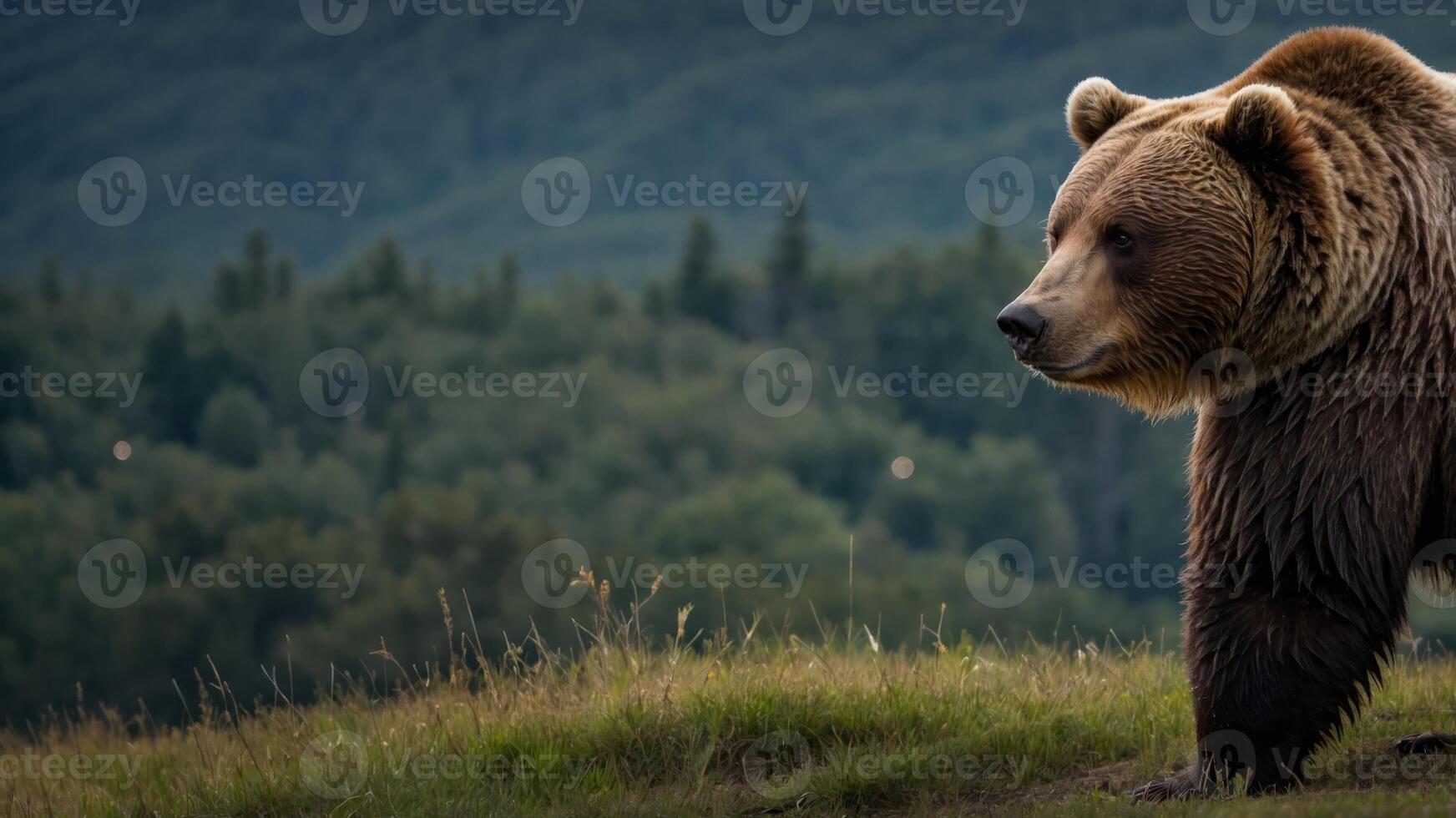 A majestic bear stands in a serene landscape, showcasing wildlife in its natural habitat. photo