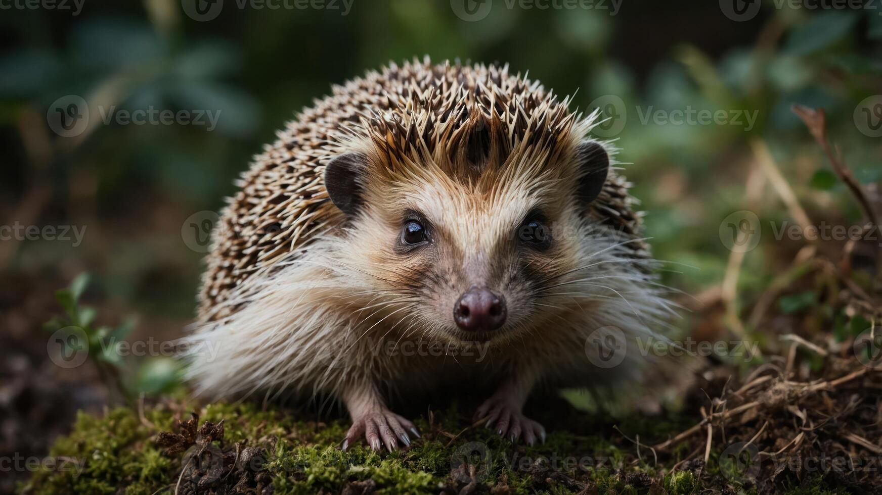 A close-up of a hedgehog on moss, showcasing its unique features and natural habitat. photo