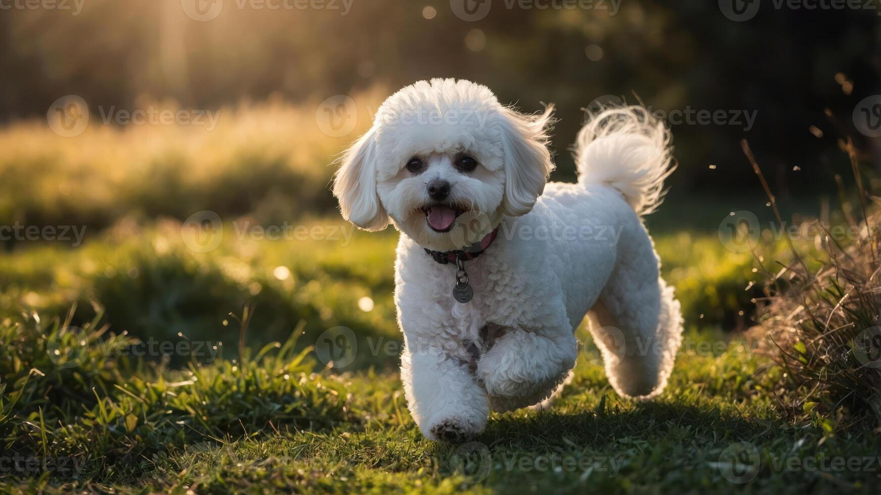A happy dog running through a sunlit grassy field, showcasing joy and playfulness. photo
