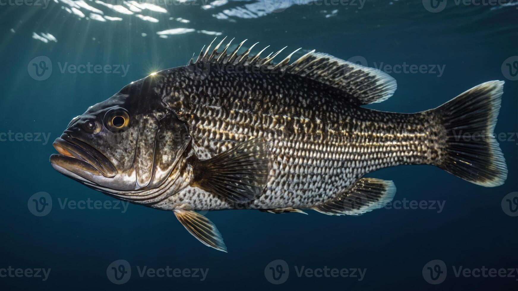 A detailed underwater shot of a black and white striped fish swimming gracefully. photo