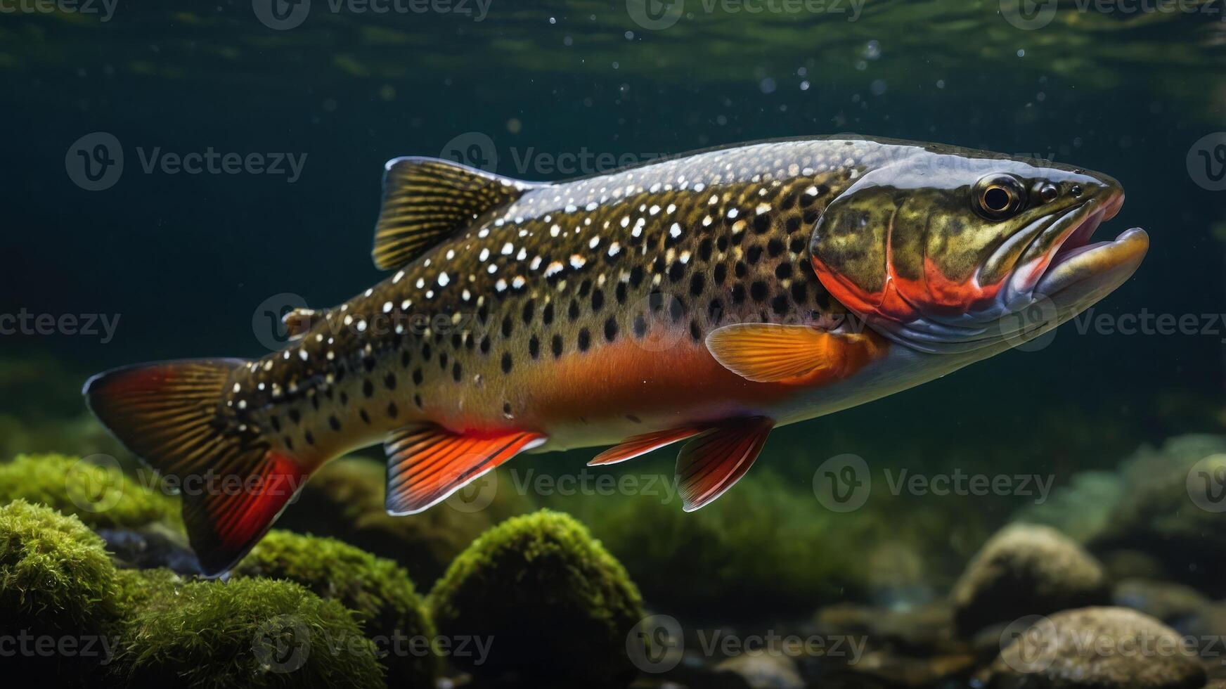 A vibrant trout swimming in clear water, showcasing its colorful scales and fins. photo