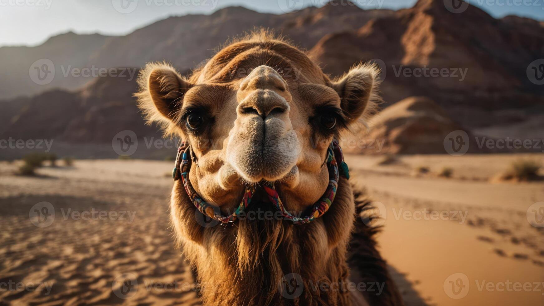 A close-up of a camel in a desert landscape, showcasing its features and surroundings. photo