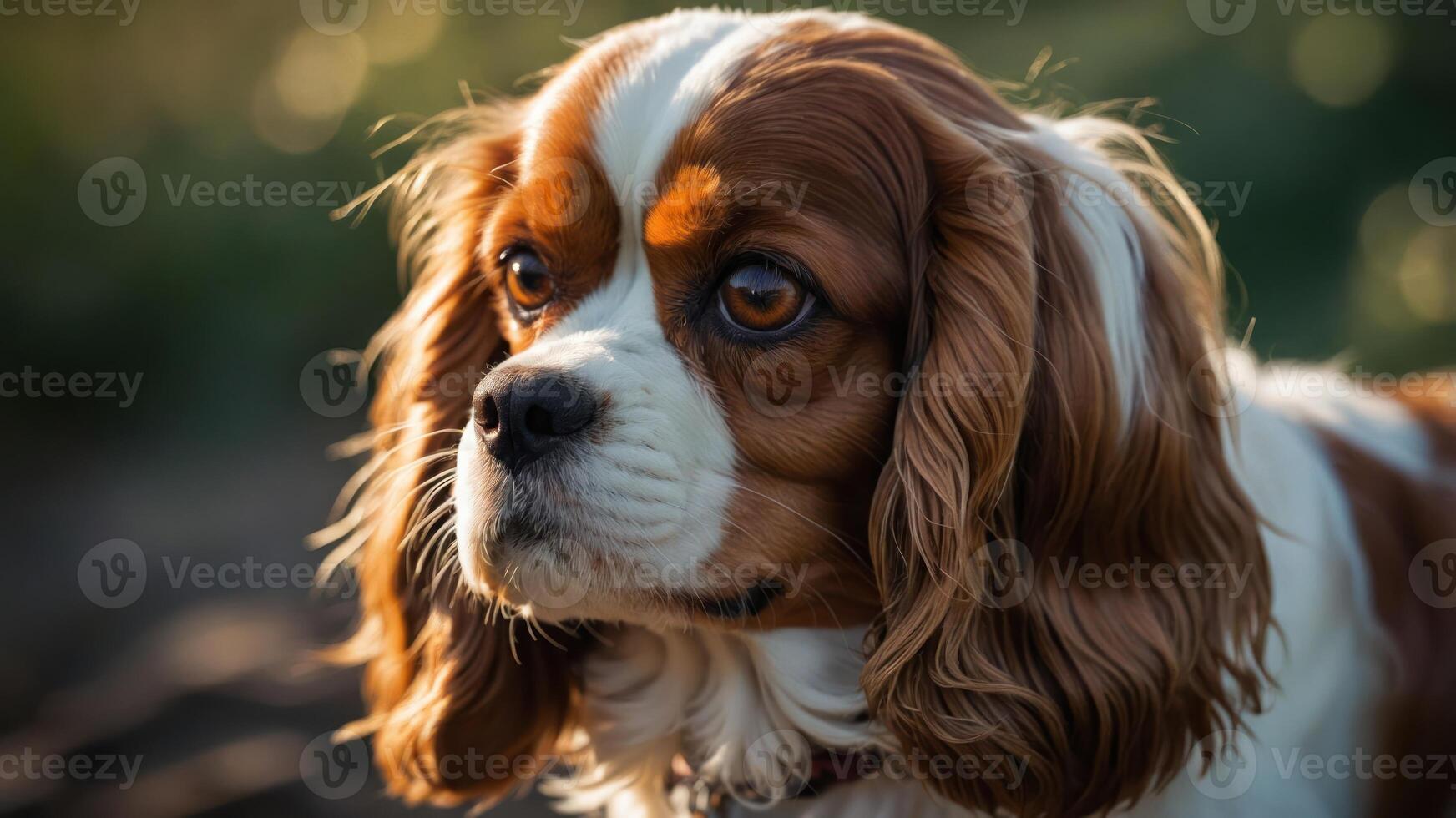 A close-up of a Cavalier King Charles Spaniel with expressive eyes and soft fur. photo