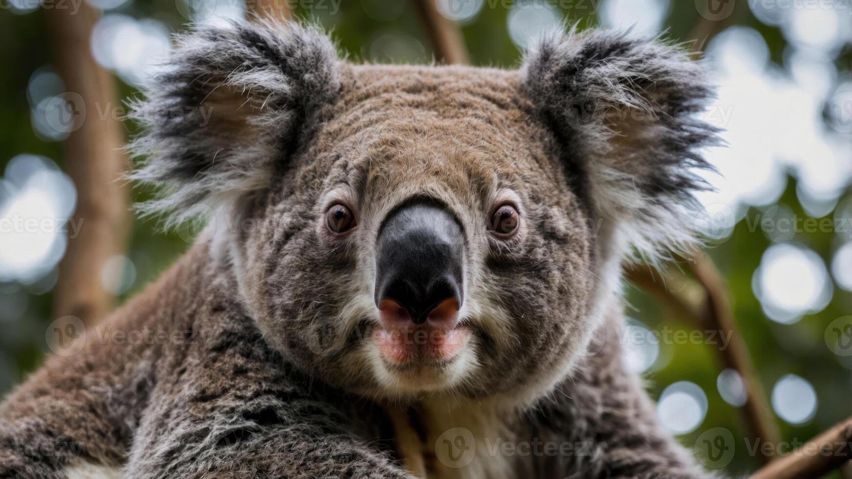 A close-up of a koala perched on a branch, showcasing its distinctive features. photo