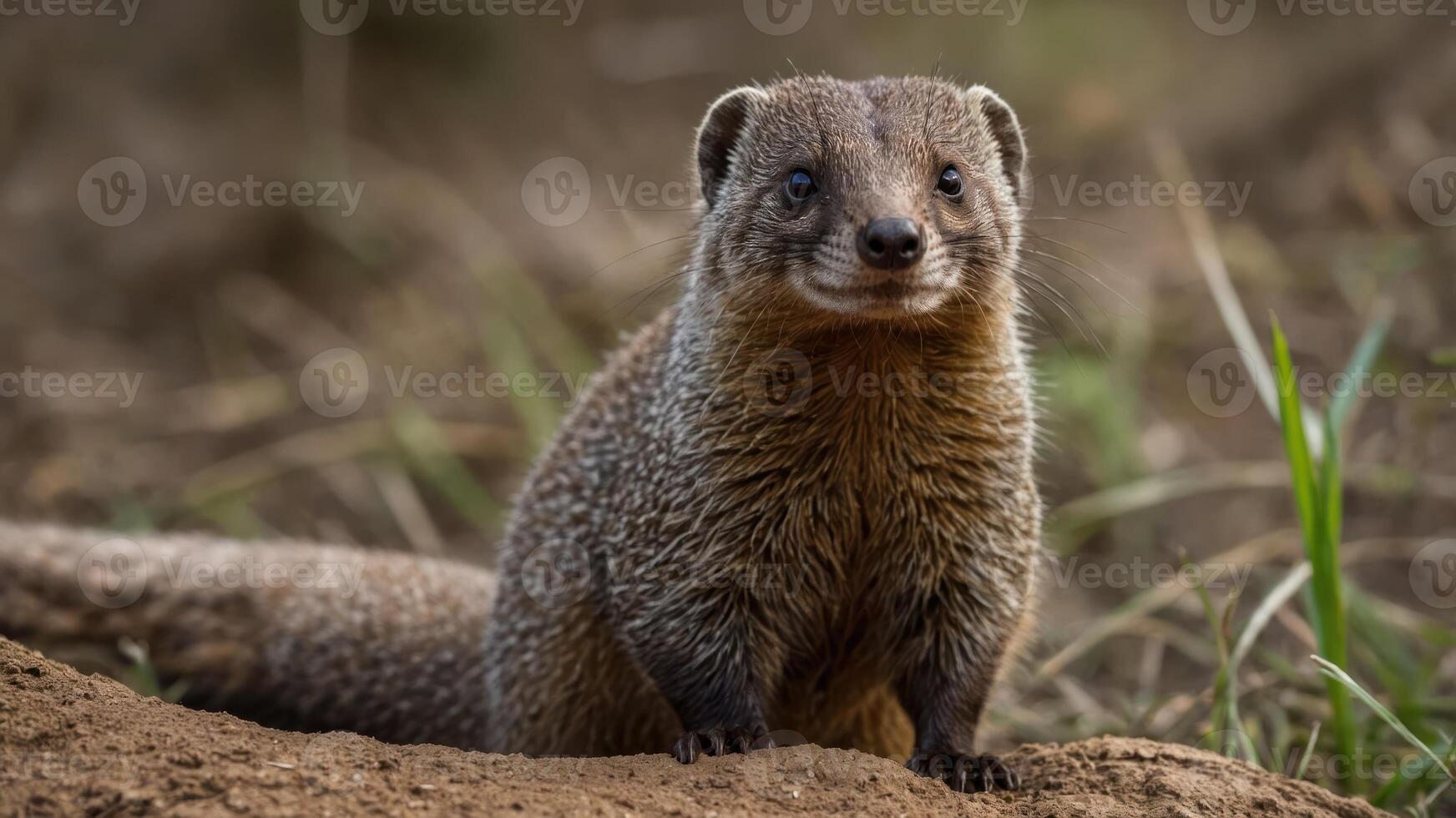 A close-up of a mongoose standing on the ground, surrounded by grass. photo