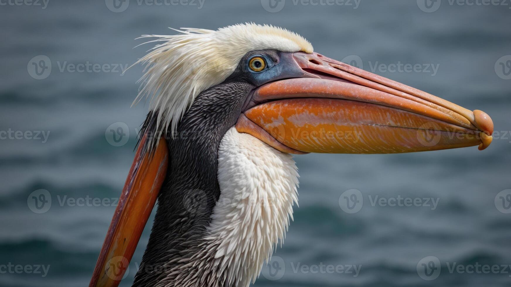 Close-up of a pelican showcasing its distinctive beak and feathers against a water background. photo