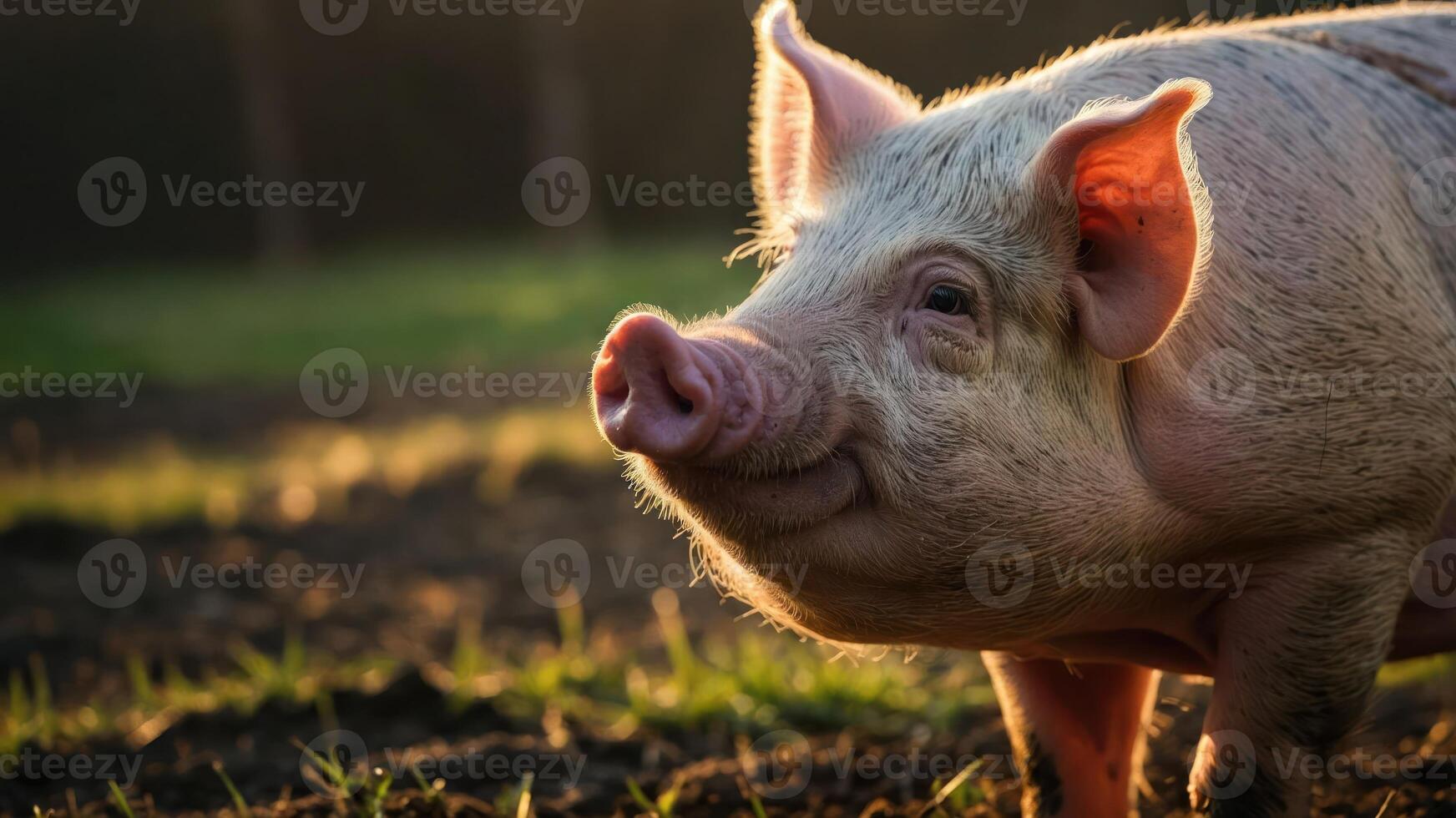 A close-up of a pig in a grassy field during golden hour, showcasing its features. photo