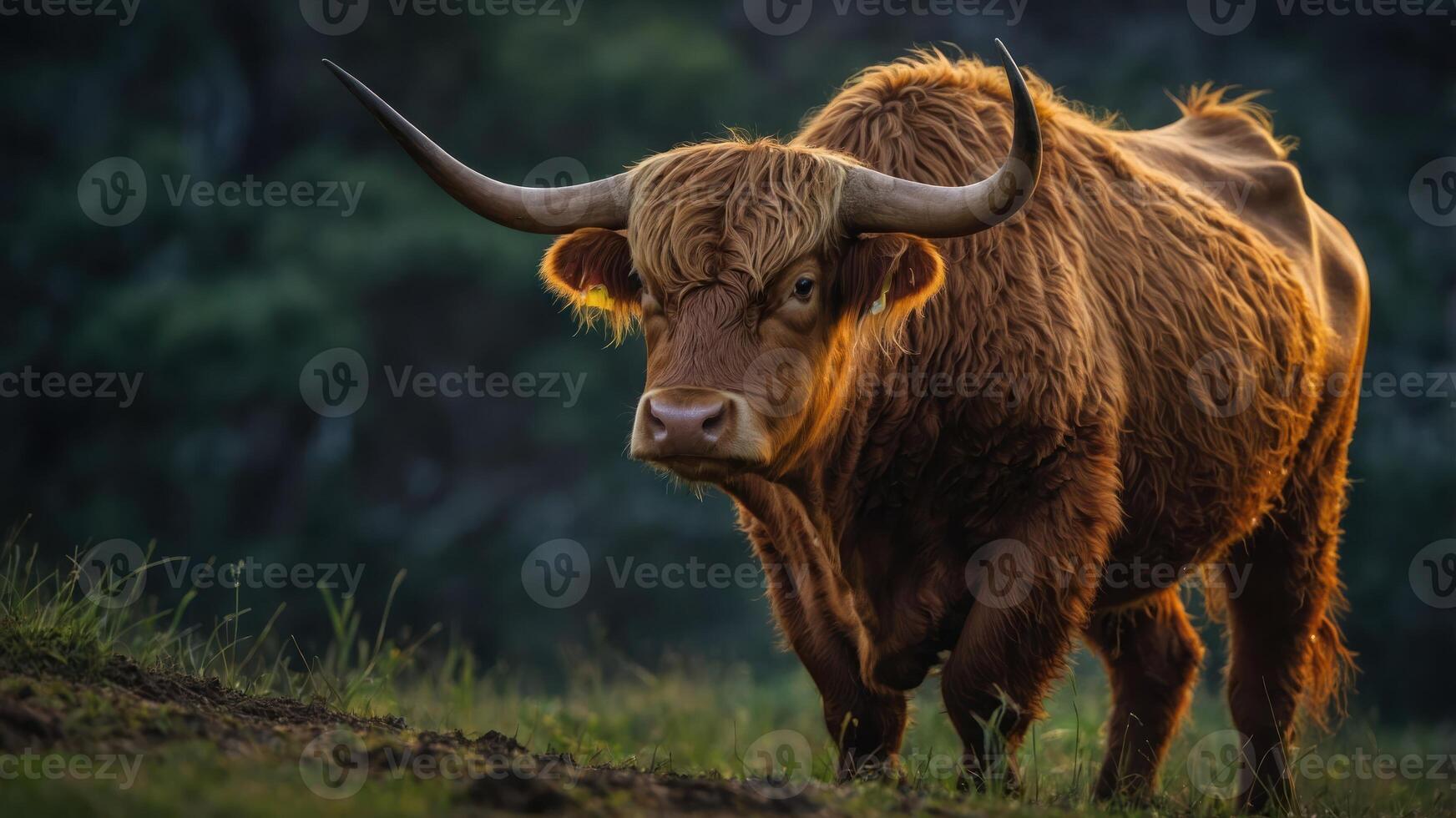 A close-up of a Highland cow with long horns in a natural setting during golden hour. photo