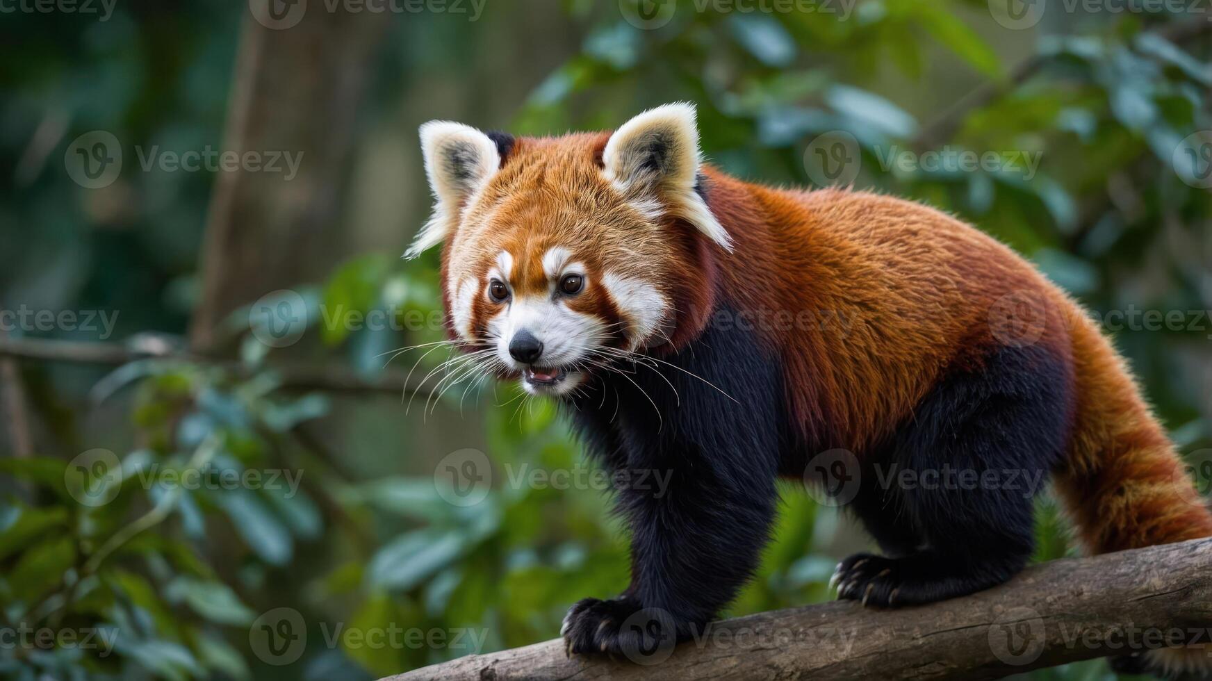 A red panda standing on a branch surrounded by greenery in a natural habitat. photo