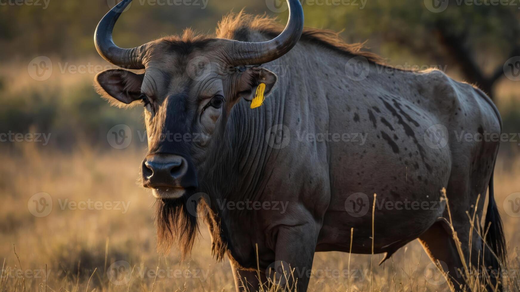 A close-up of a wildebeest in a grassy landscape during golden hour. photo