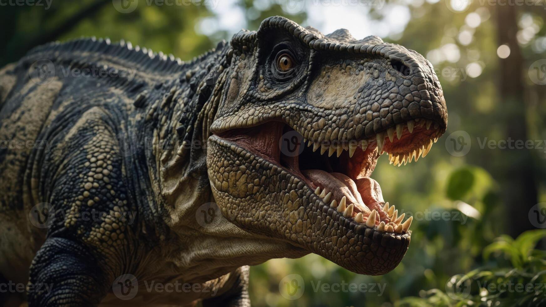 A detailed depiction of a dinosaur in a lush forest setting. photo