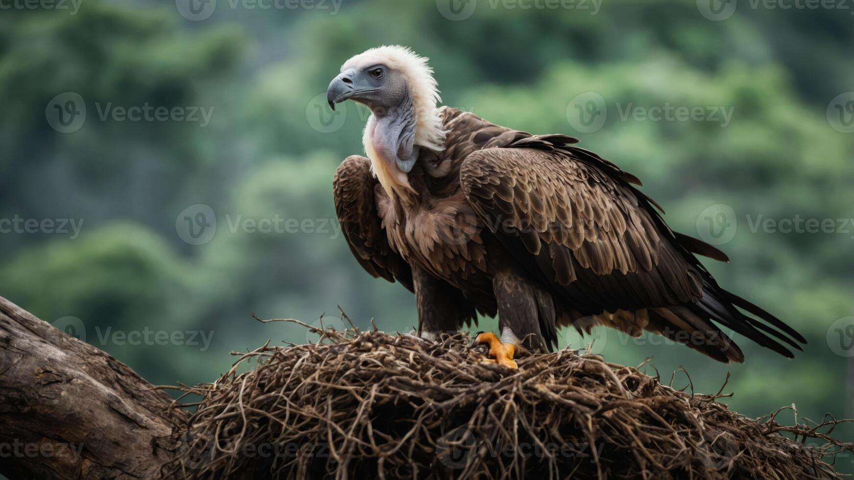 A vulture perched on a nest, surrounded by a lush green background. photo