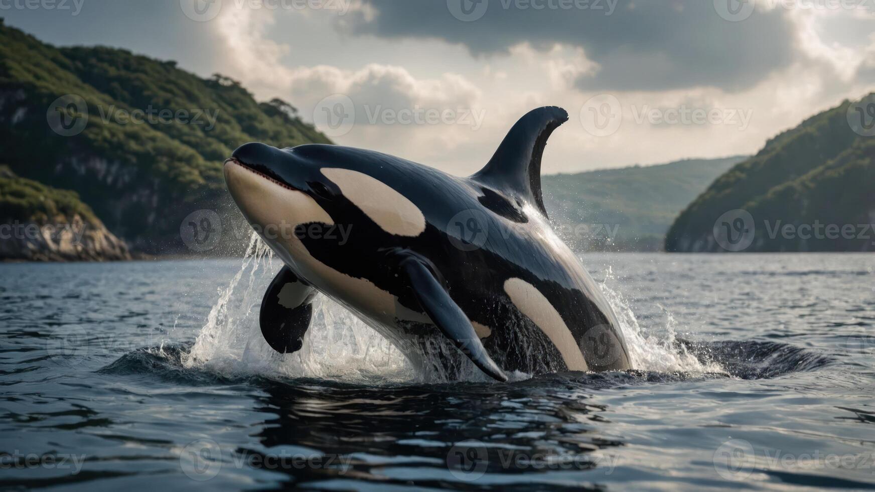 An orca breaches the surface of the water, showcasing its strength and beauty in nature. photo