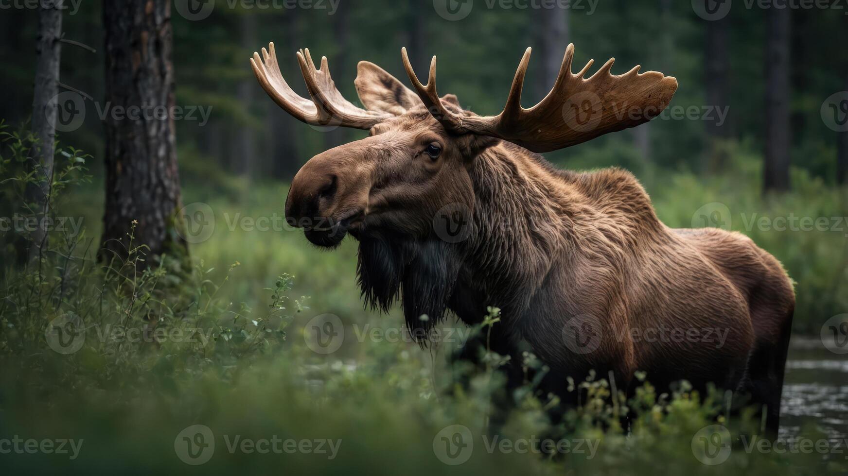A majestic moose stands in a serene, green forest environment. photo