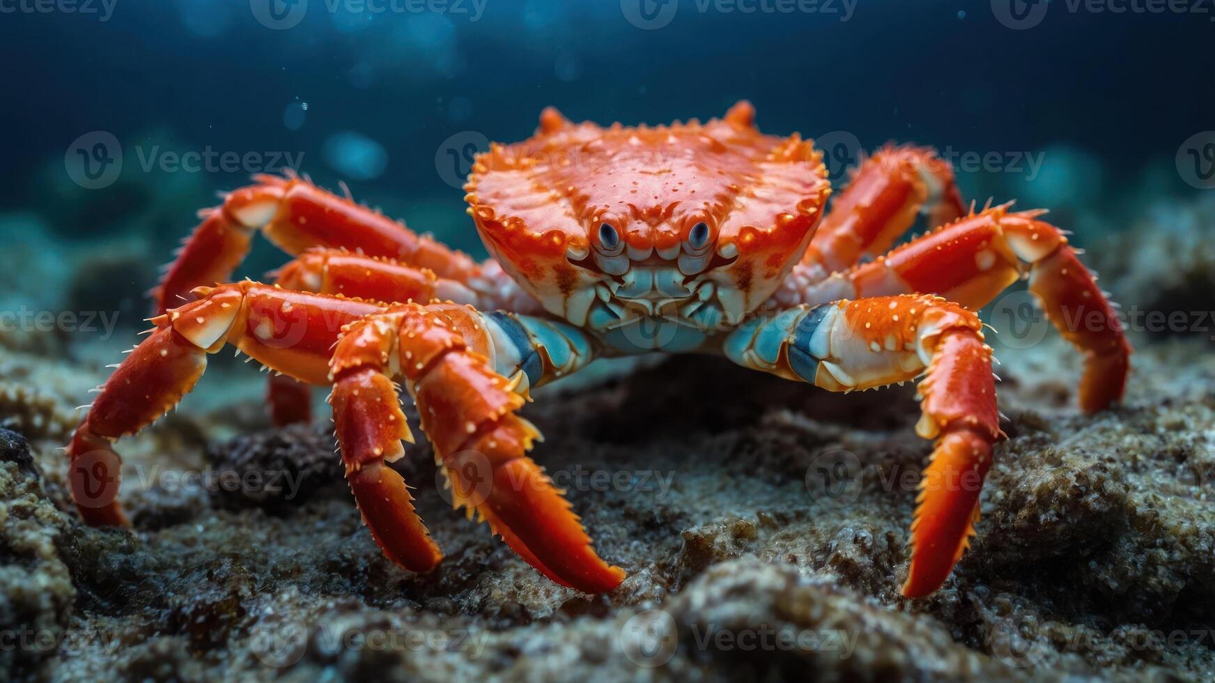 A vibrant orange crab positioned on the ocean floor, showcasing its detailed features. photo