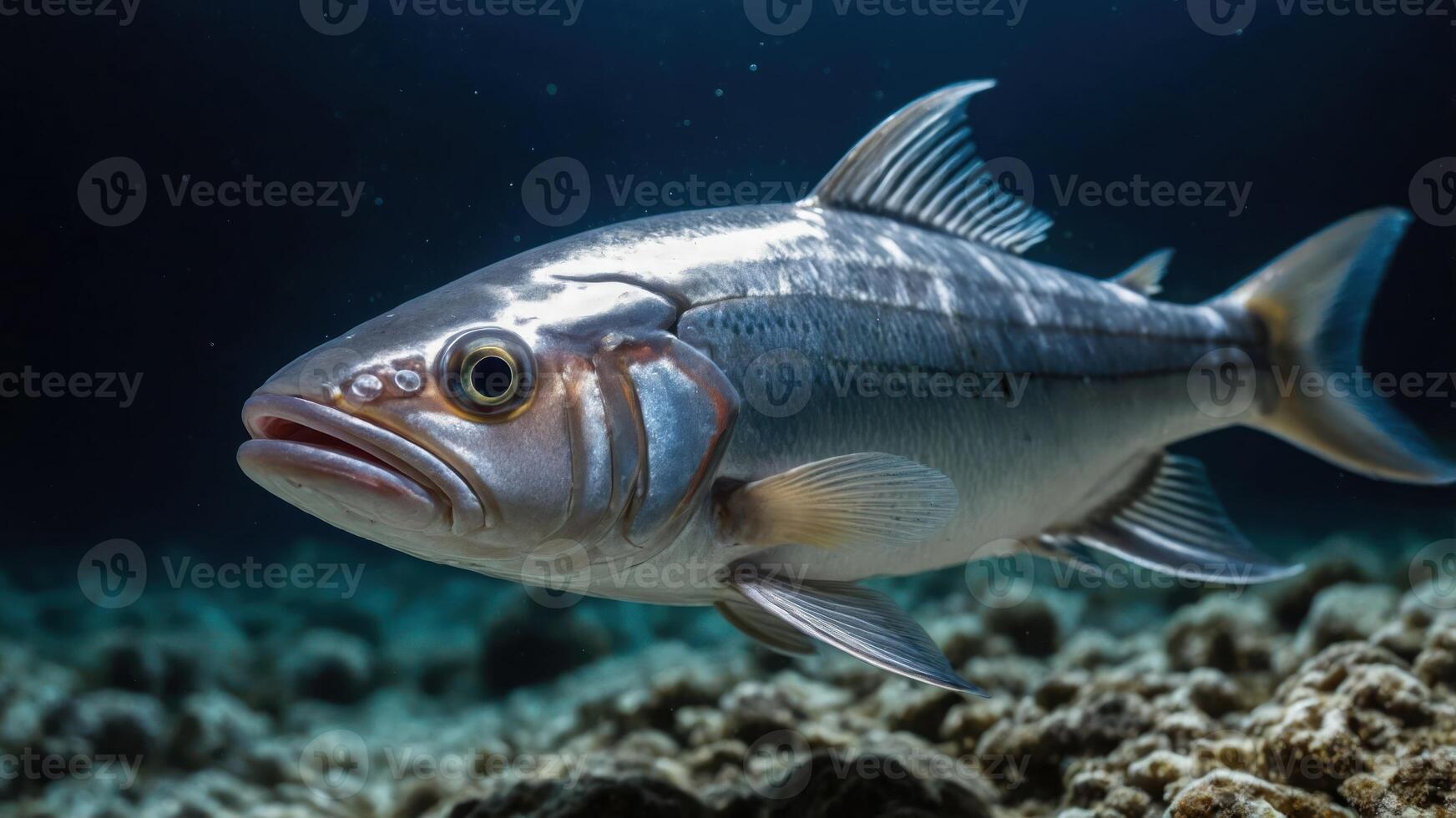 A close-up of a fish swimming over a coral reef in clear water. photo
