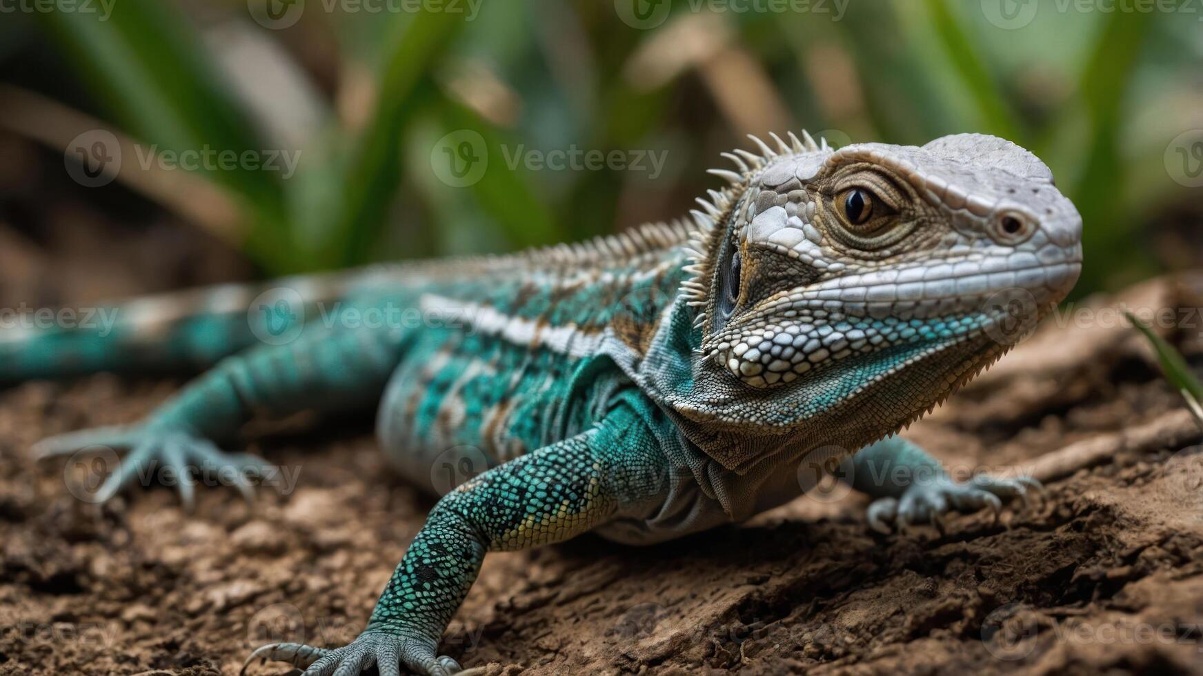 A close-up of a colorful lizard resting on the ground amidst greenery. photo