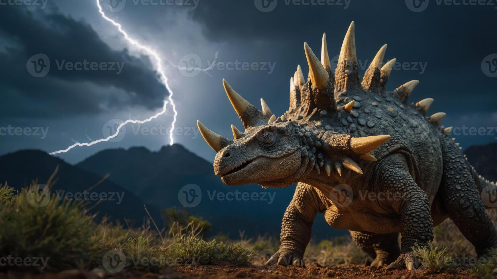 A dinosaur-like creature stands in a dramatic landscape with lightning striking in the background. photo