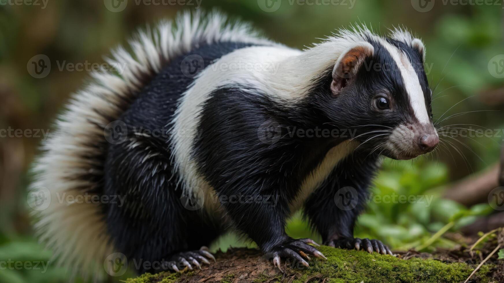 A close-up of a black and white striped animal in a lush forest setting. photo