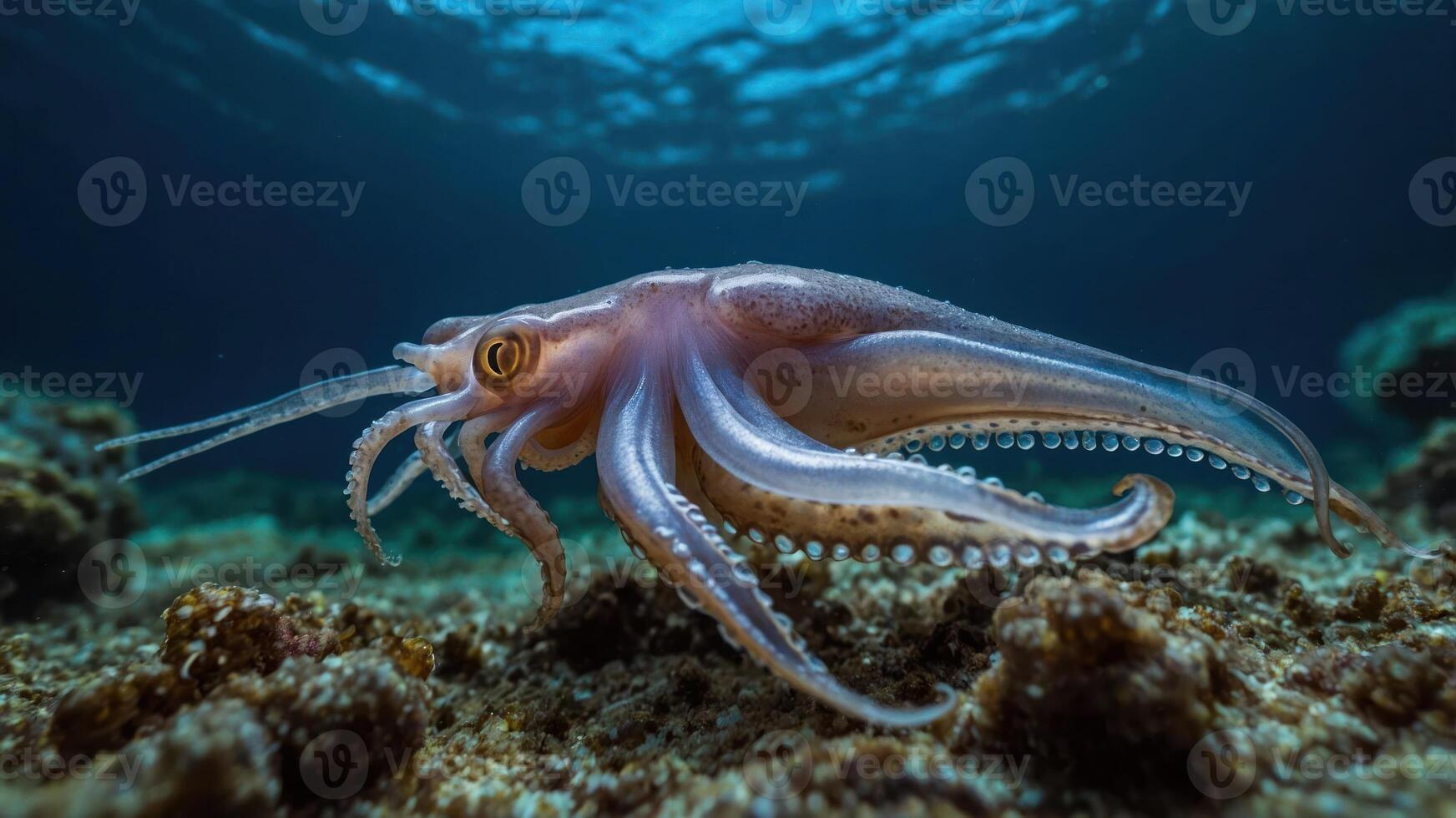 An octopus gracefully glides over a coral reef in clear ocean waters. photo