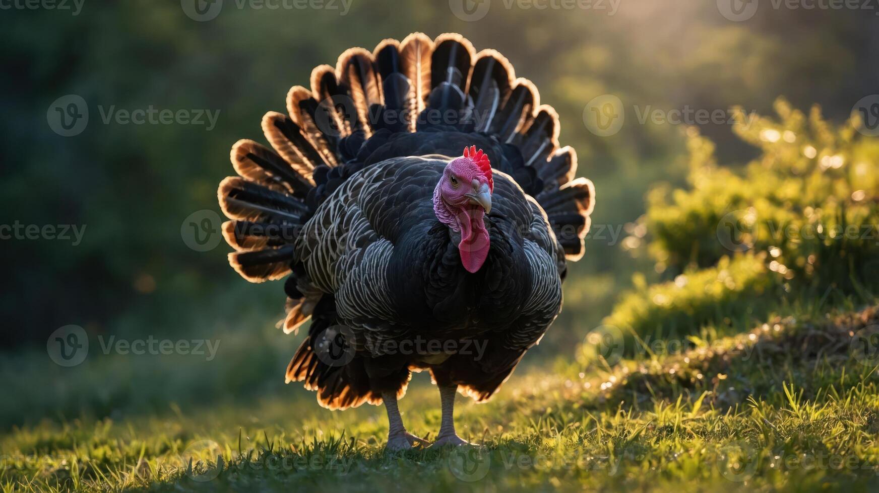 A turkey displaying its feathers in a natural setting during sunset. photo