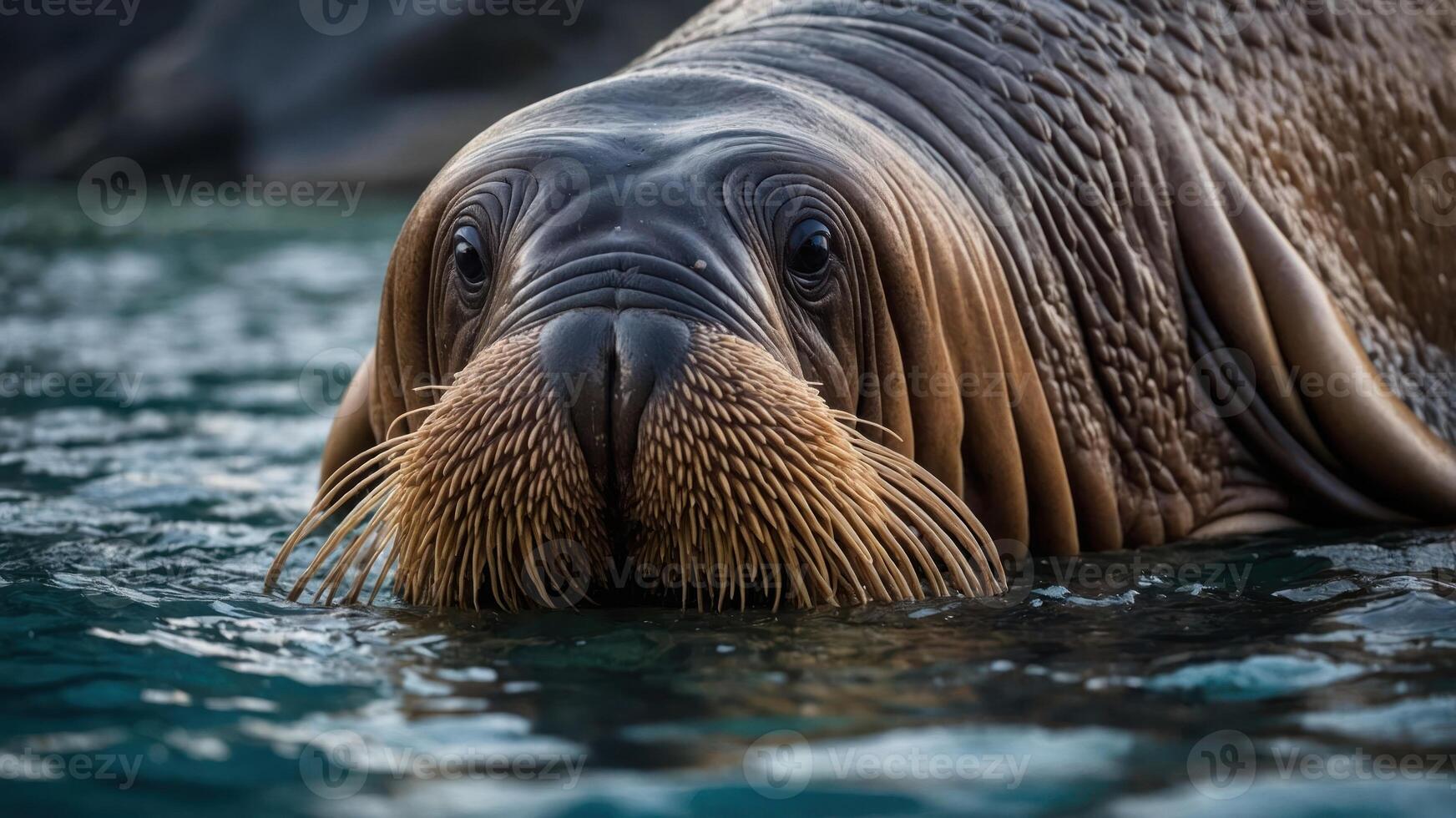 A close-up of a walrus swimming in clear water, showcasing its whiskers and large eyes. photo