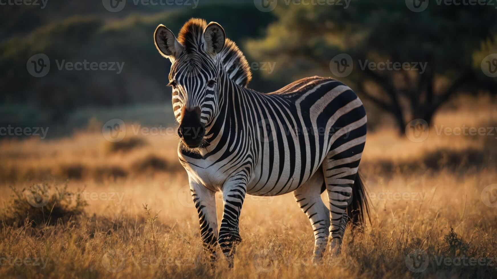 A zebra stands gracefully in a golden grassland, illuminated by soft sunlight. photo