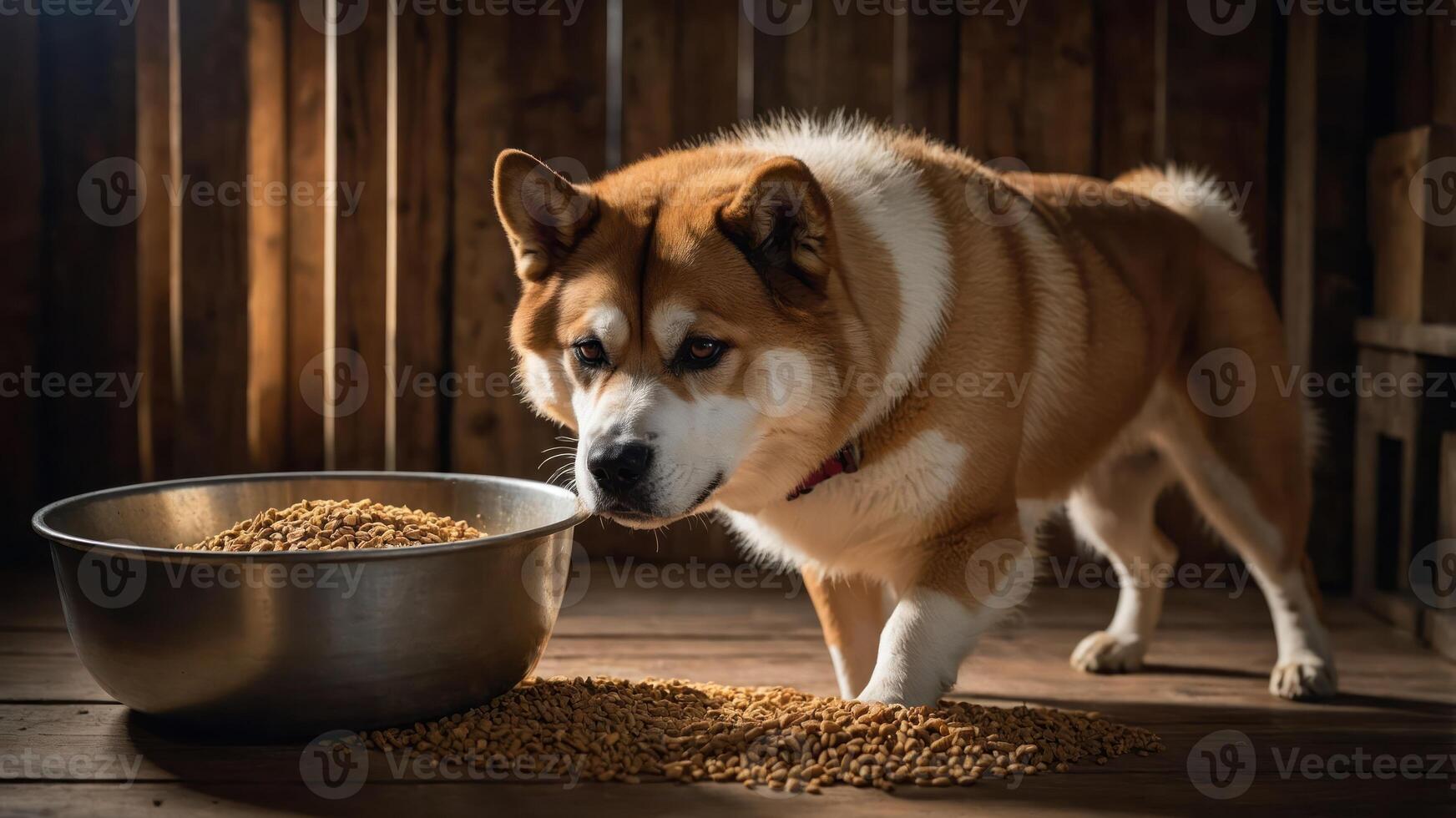 A dog curiously approaches a bowl of food, with scattered kibble on the floor. photo