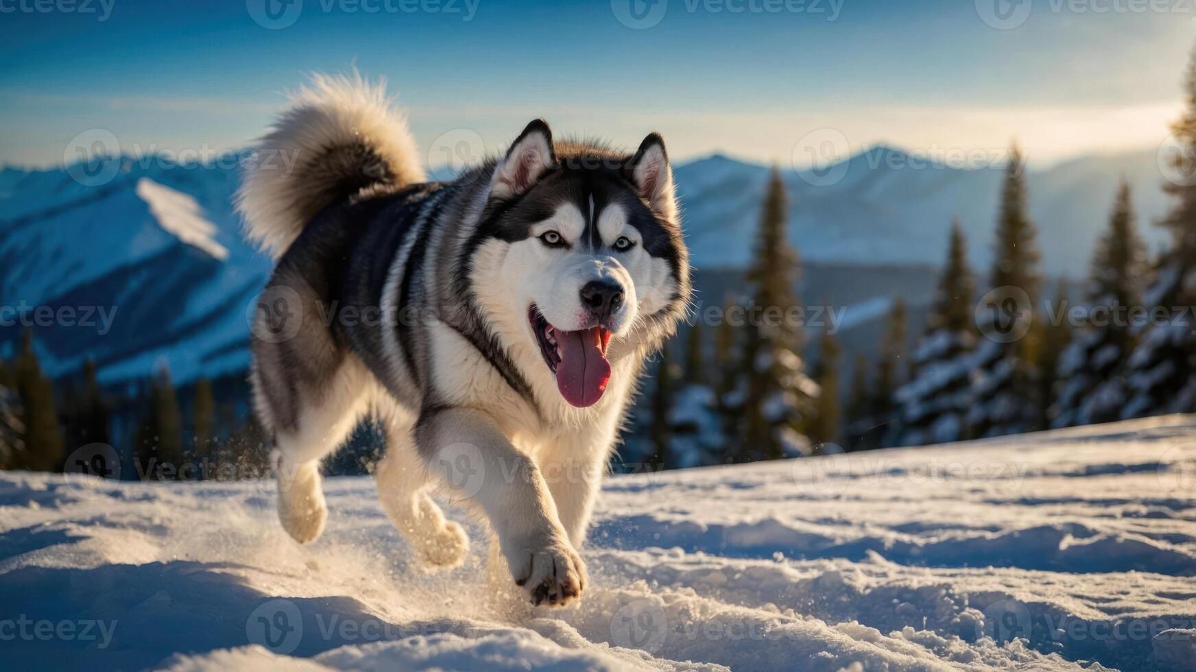 A playful dog running through snow-covered mountains under a bright sky. photo