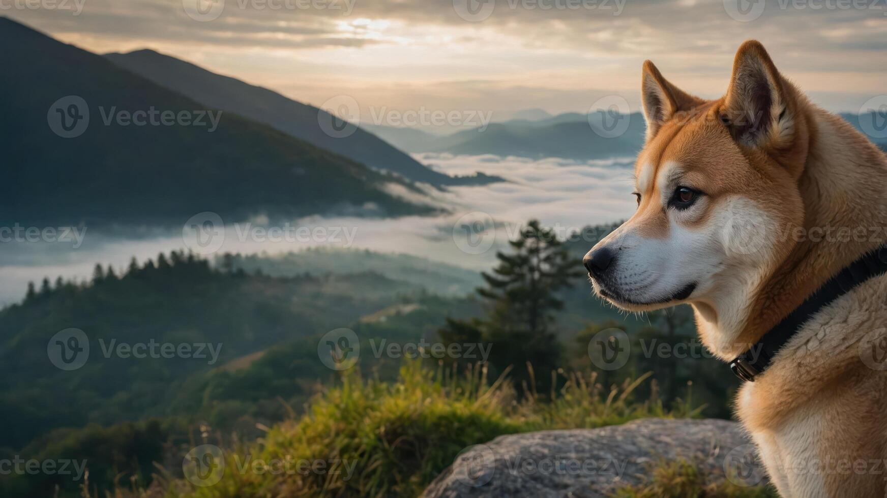A serene dog gazes over a misty landscape at sunrise. photo