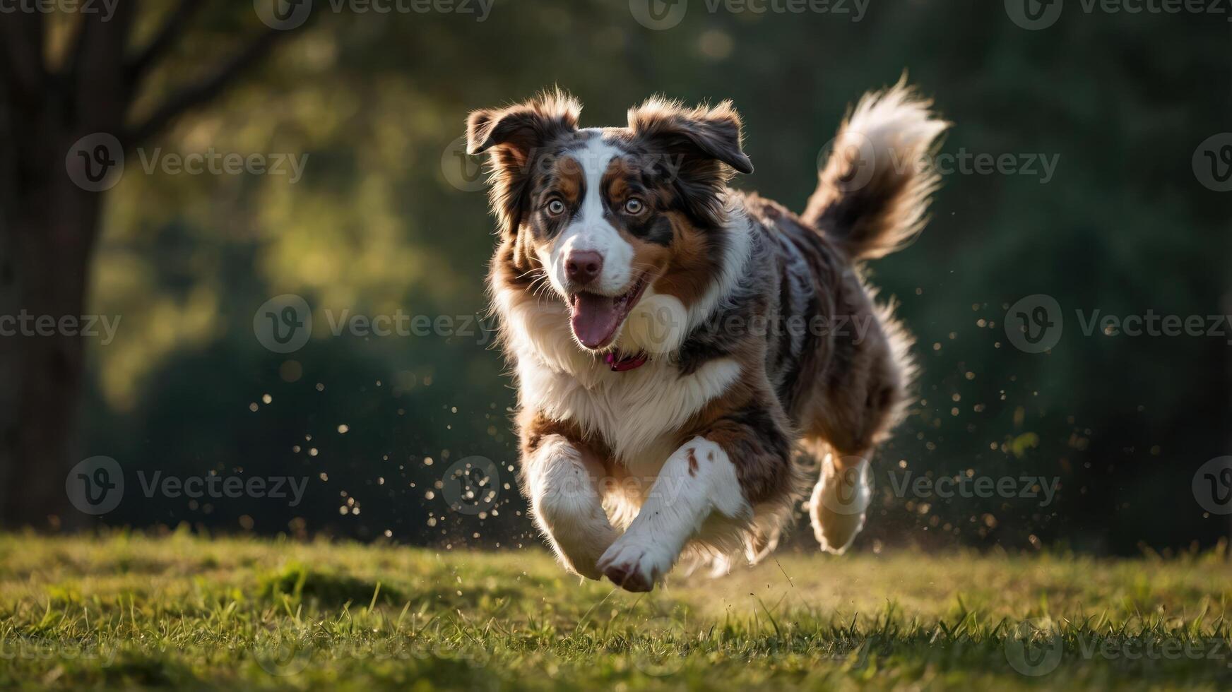 A joyful dog running through a grassy field, capturing a moment of playfulness and freedom. photo