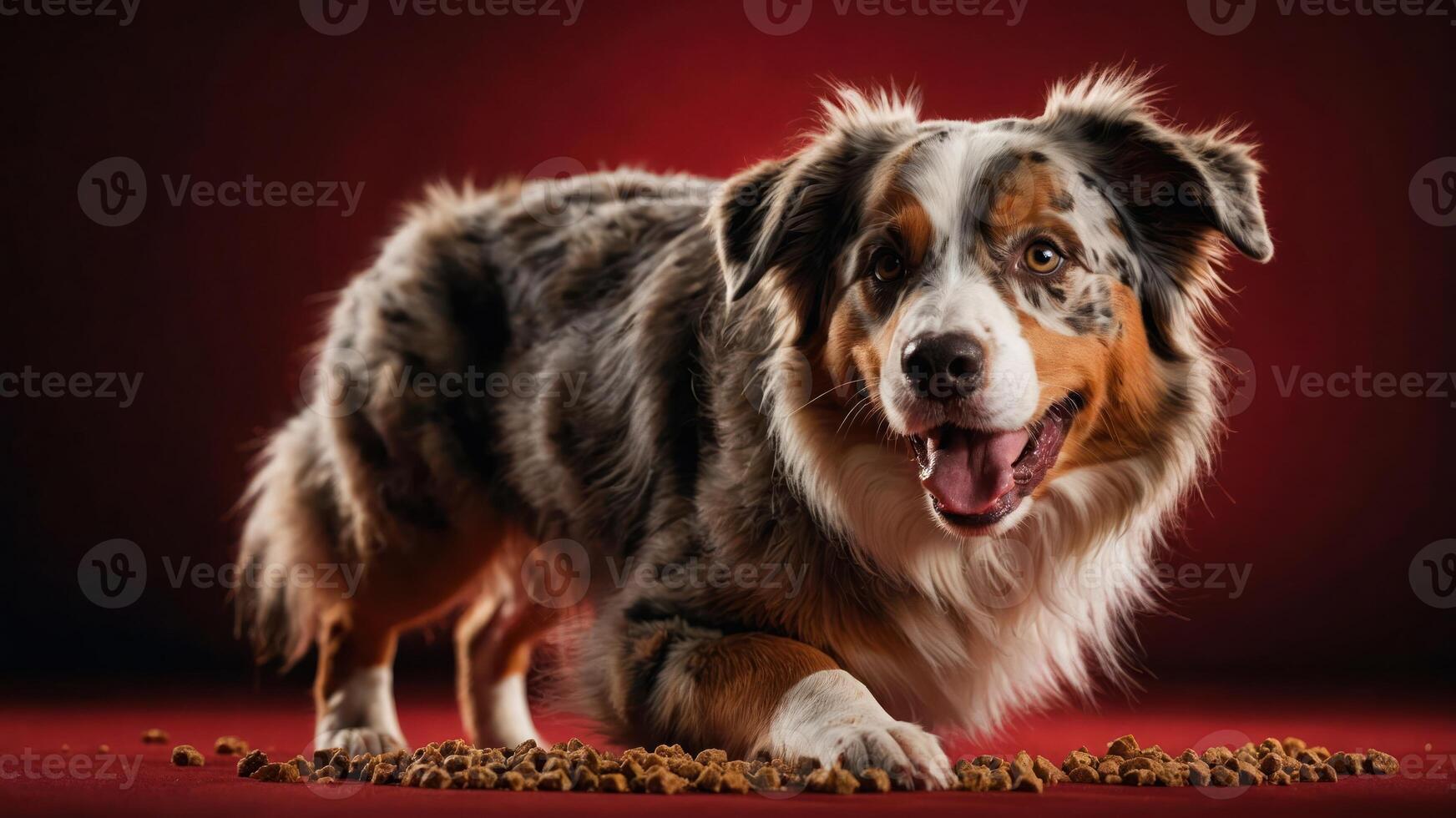 A playful dog with a happy expression, surrounded by dog food on a red background. photo