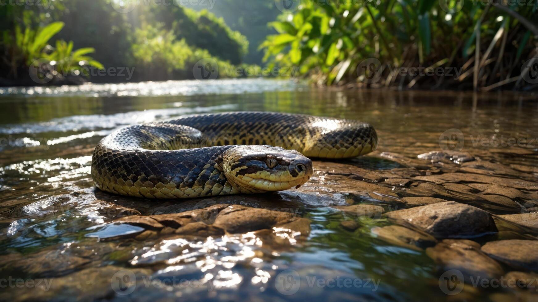 A snake rests on the riverbank, surrounded by lush greenery and calm water. photo