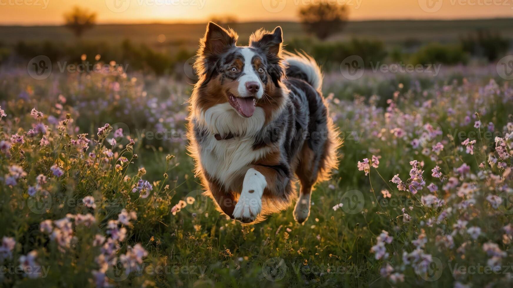 A happy dog running through a field of flowers during sunset. photo