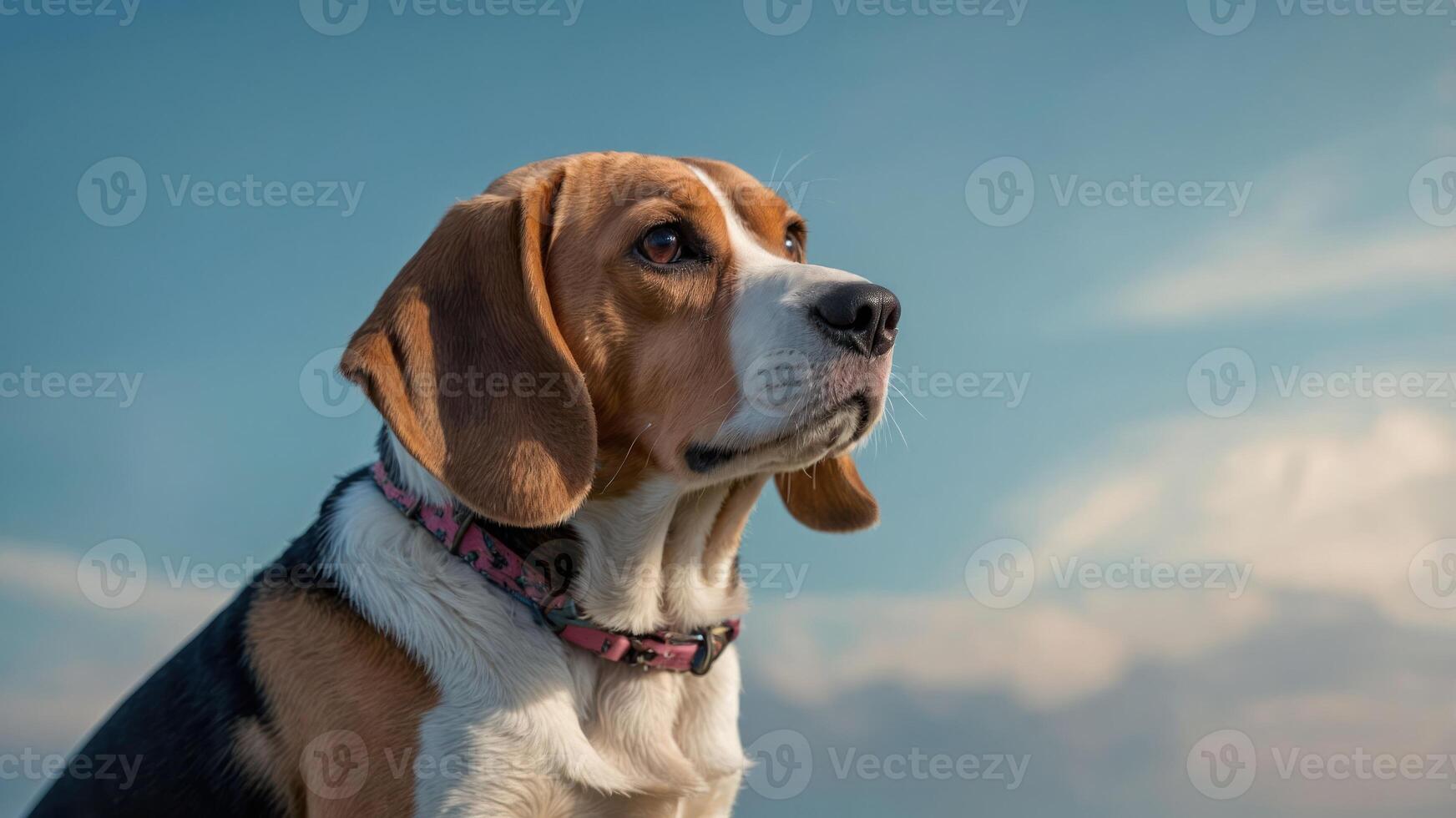 A close-up of a beagle dog looking thoughtfully against a blue sky backdrop. photo