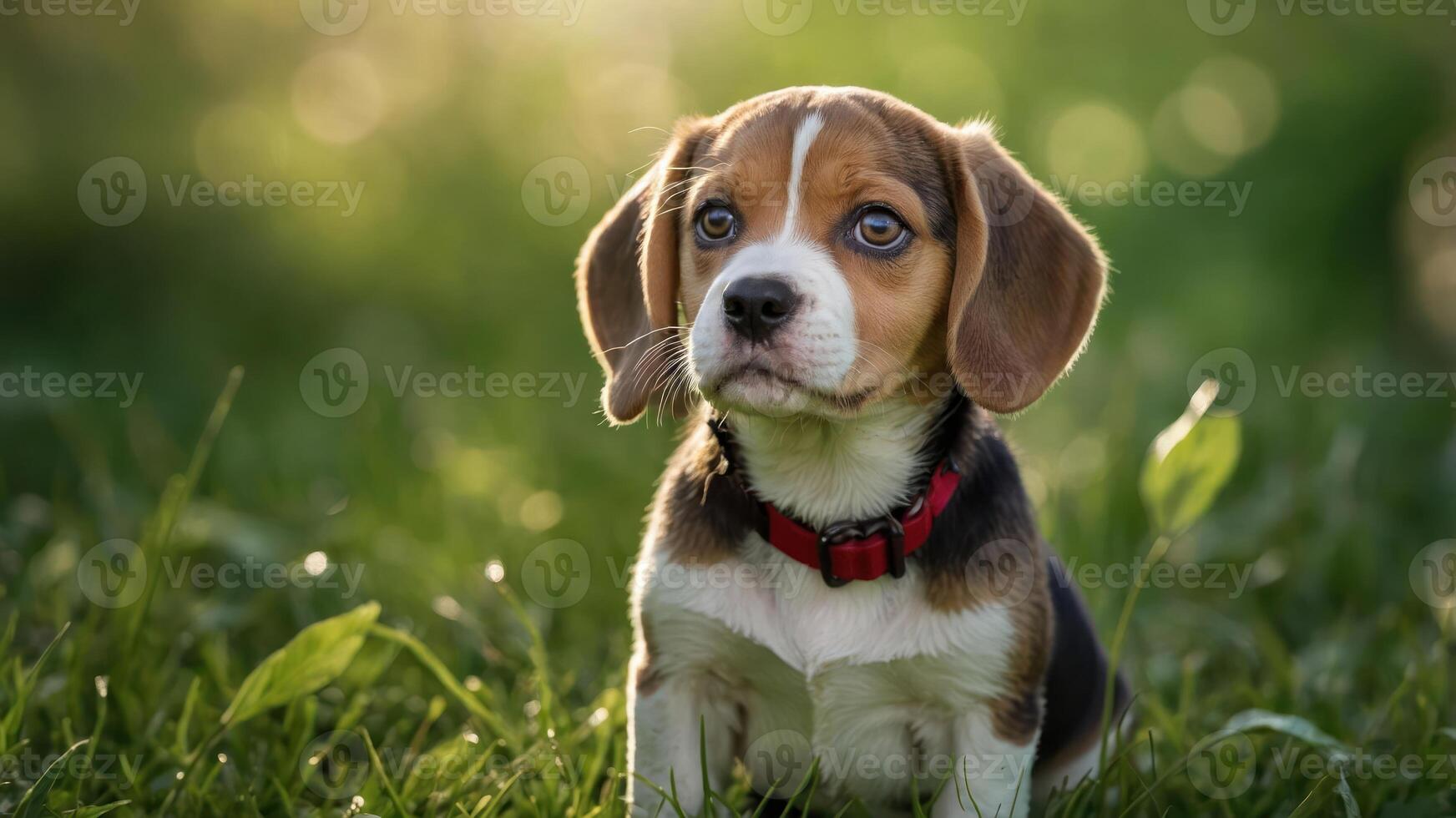A cute beagle puppy sitting in a grassy field, gazing curiously at the surroundings. photo