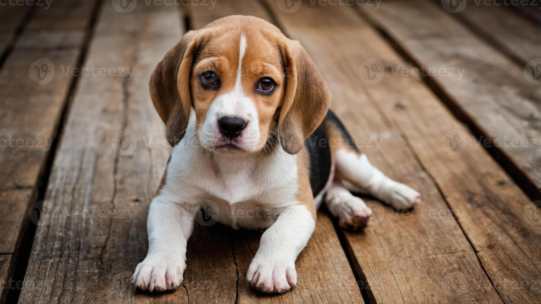 A cute beagle puppy lying on a wooden floor, showcasing its playful demeanor. photo