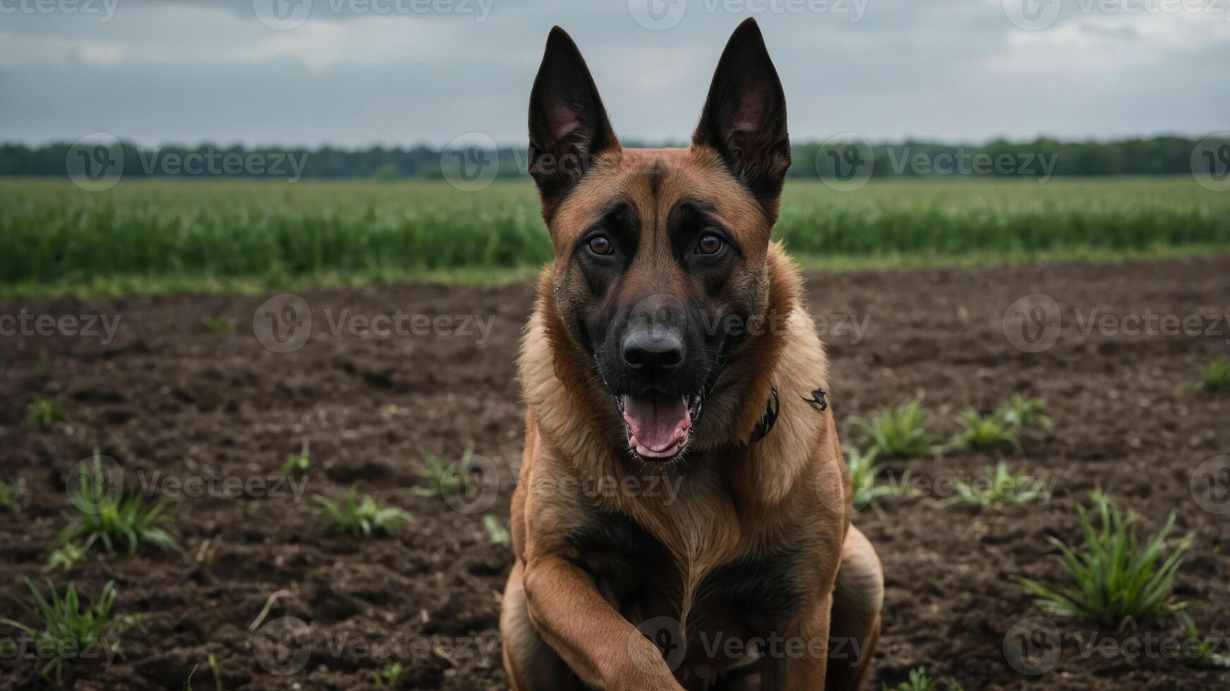 A Belgian Malinois dog sitting in a field, looking happy and alert. photo