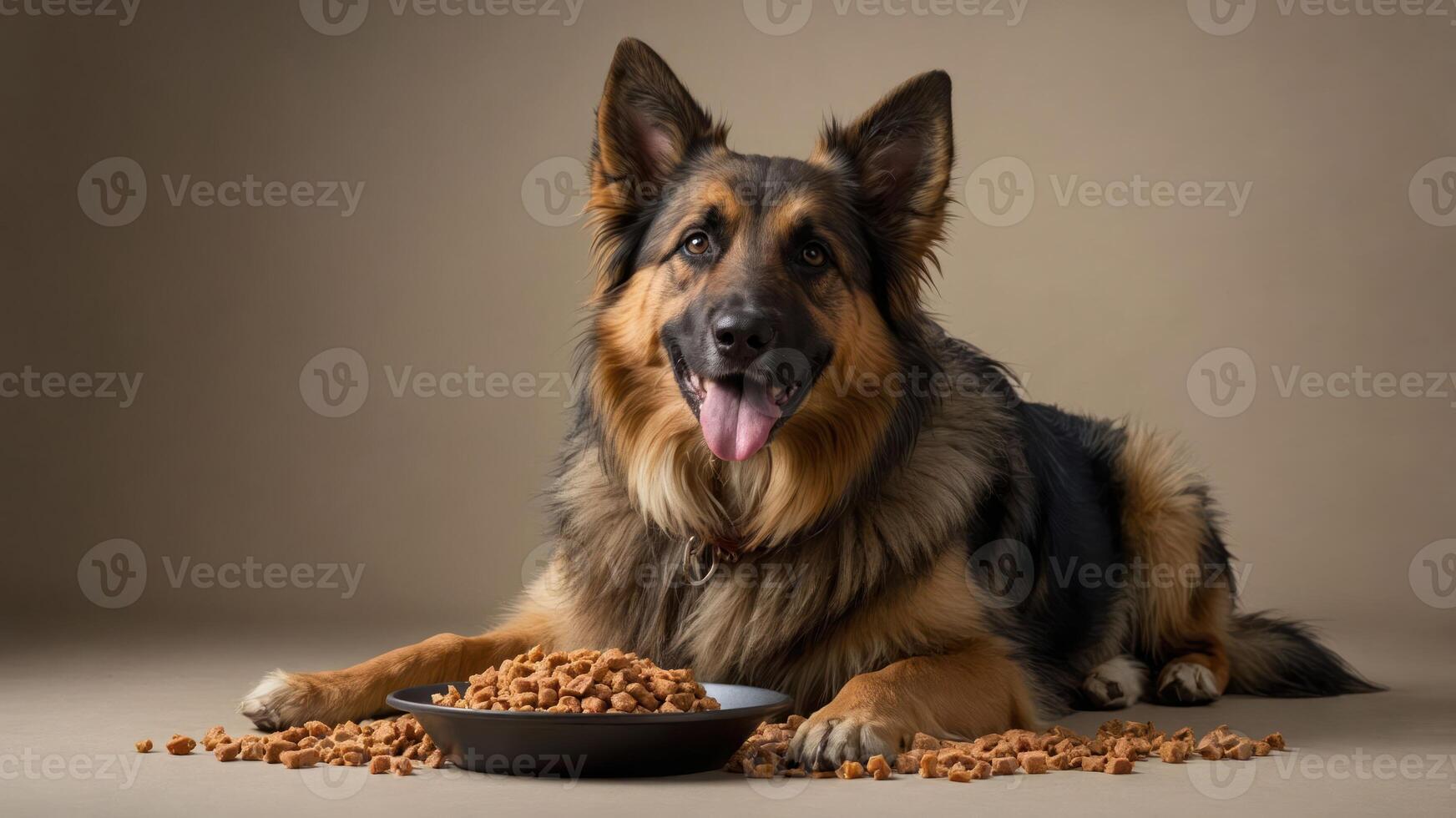 A dog lying beside a bowl of pet food with kibble scattered around. photo