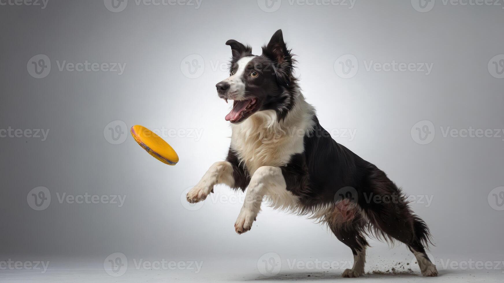 A dog joyfully leaps to catch a flying frisbee in a dynamic action shot. photo