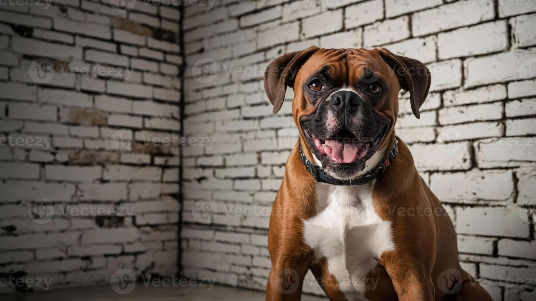 A cheerful dog sitting against a textured white brick wall. photo