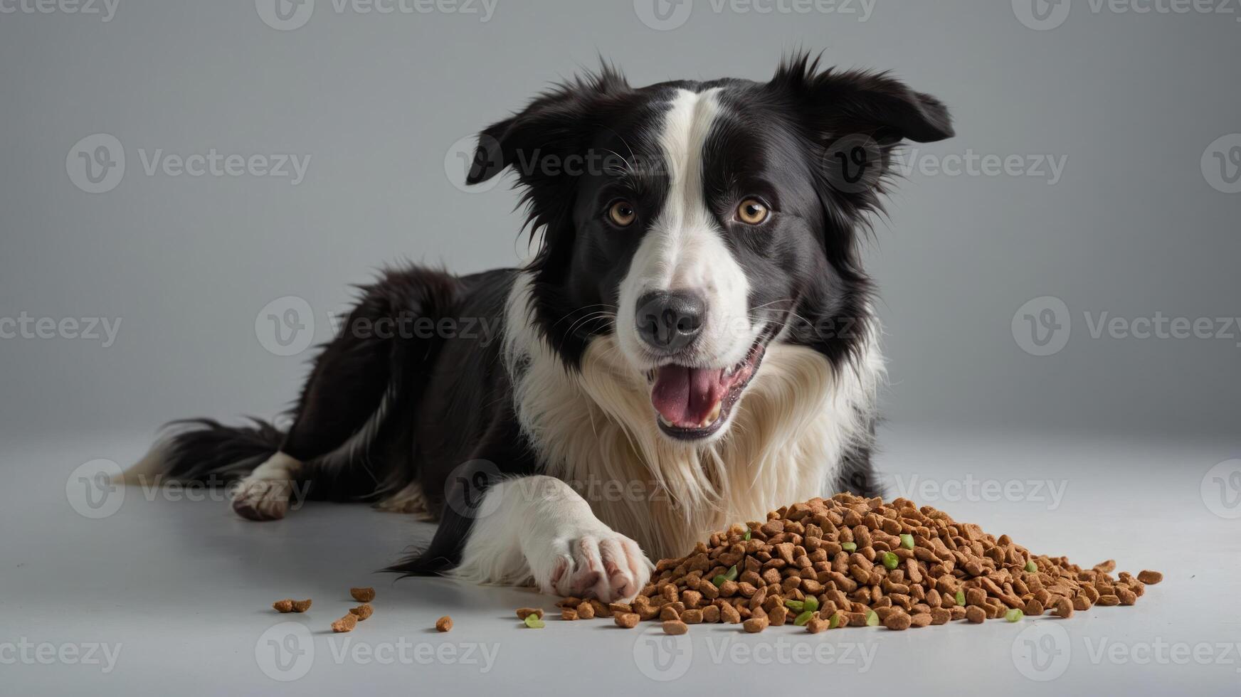 A happy dog lying beside a pile of dog food, showcasing pet companionship and nutrition. photo