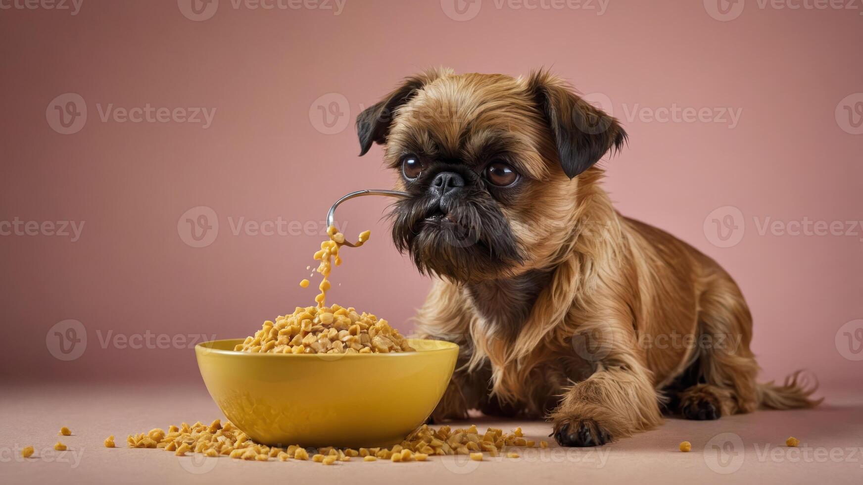 A small dog curiously interacts with a bowl of dry food, creating a playful scene. photo