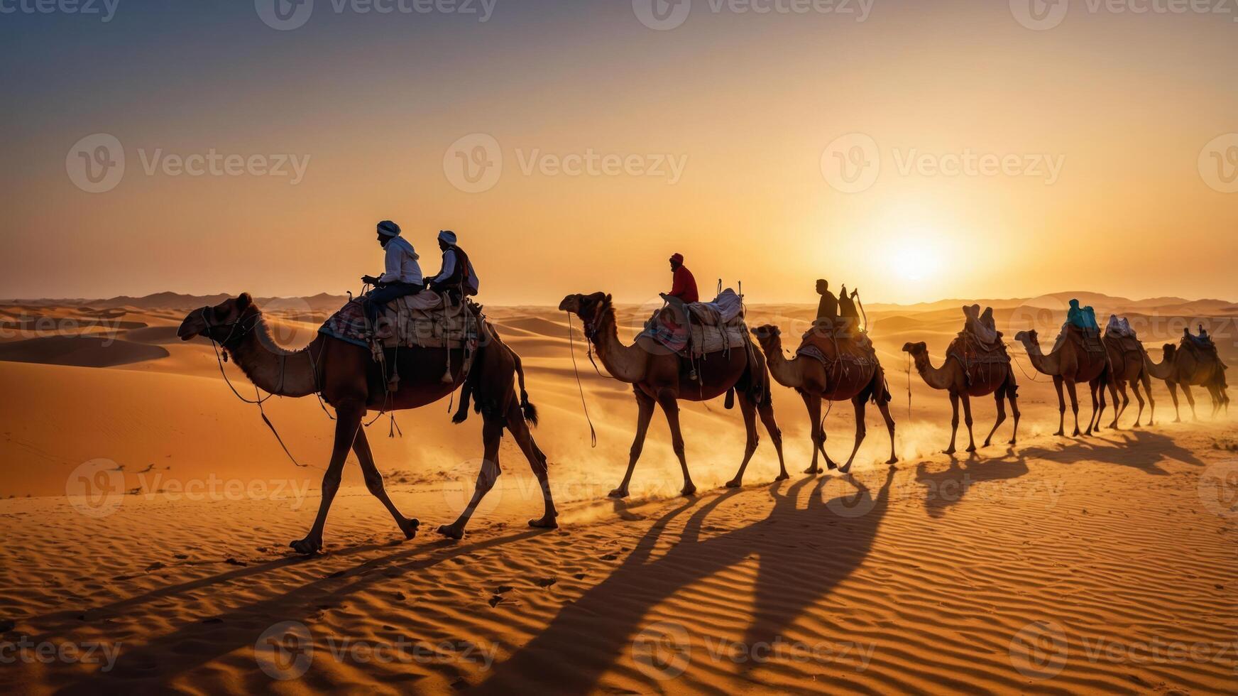 Camels walking through a desert at sunset, creating a serene travel scene. photo