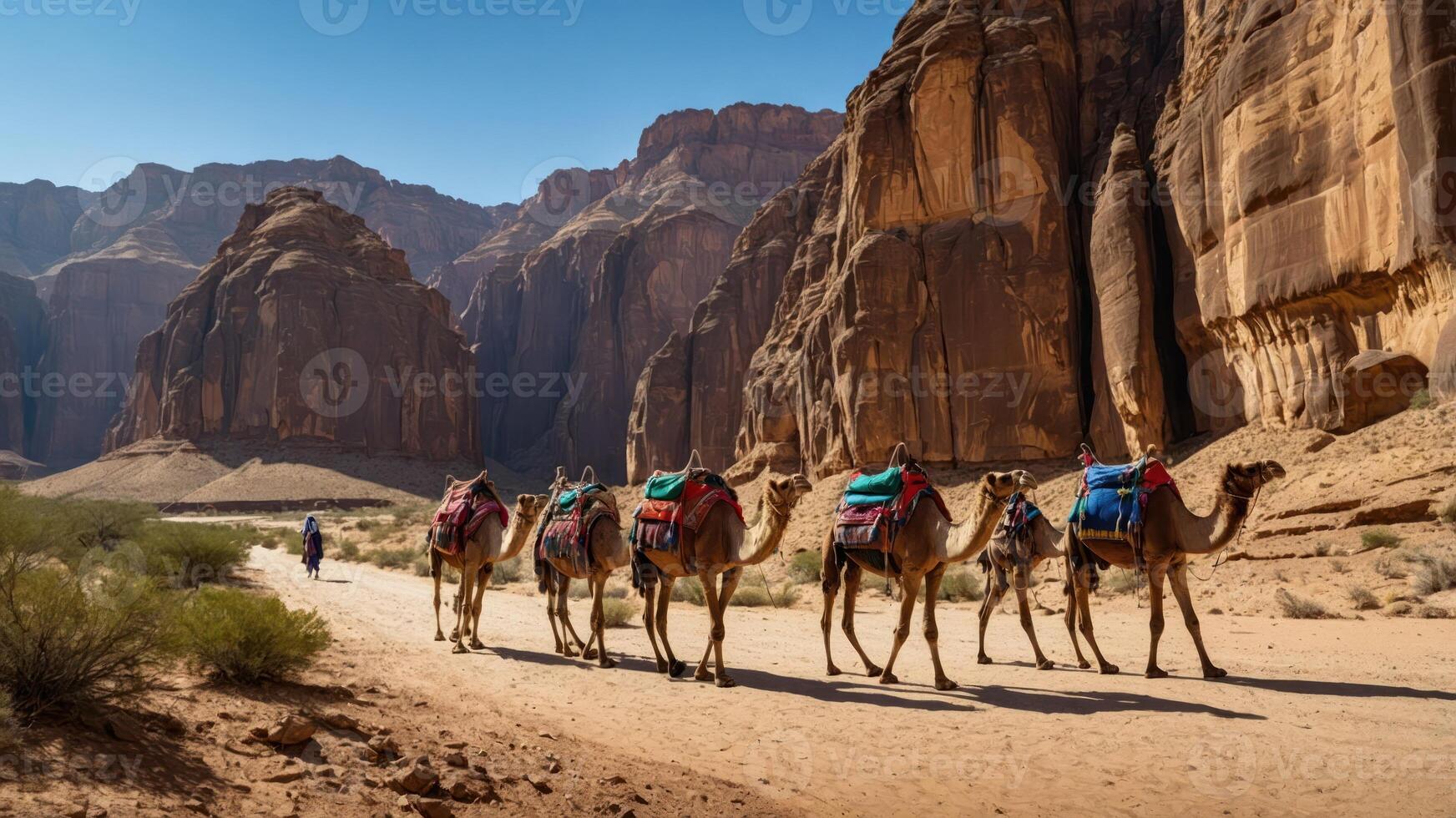 A caravan of camels walking through a scenic desert landscape with towering rock formations. photo