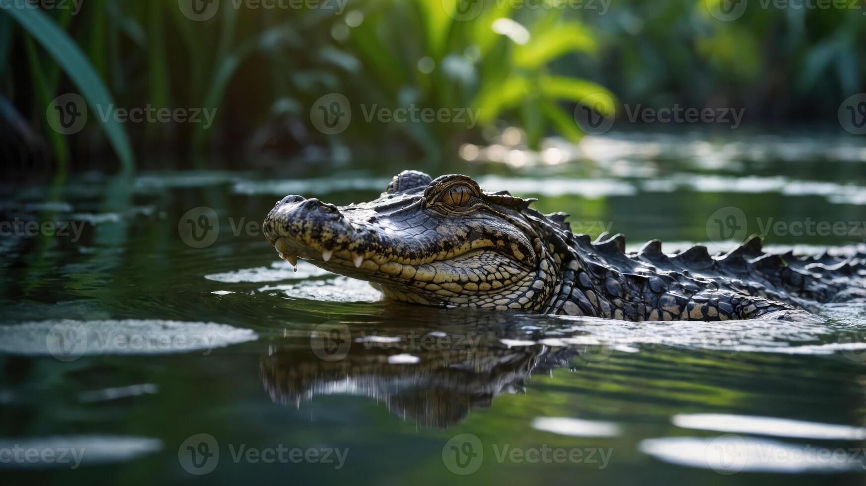 A crocodile swimming in a serene water environment surrounded by lush greenery. photo