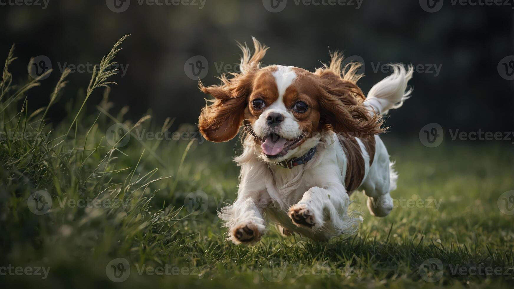 A joyful dog running through grass, showcasing energy and playfulness. photo