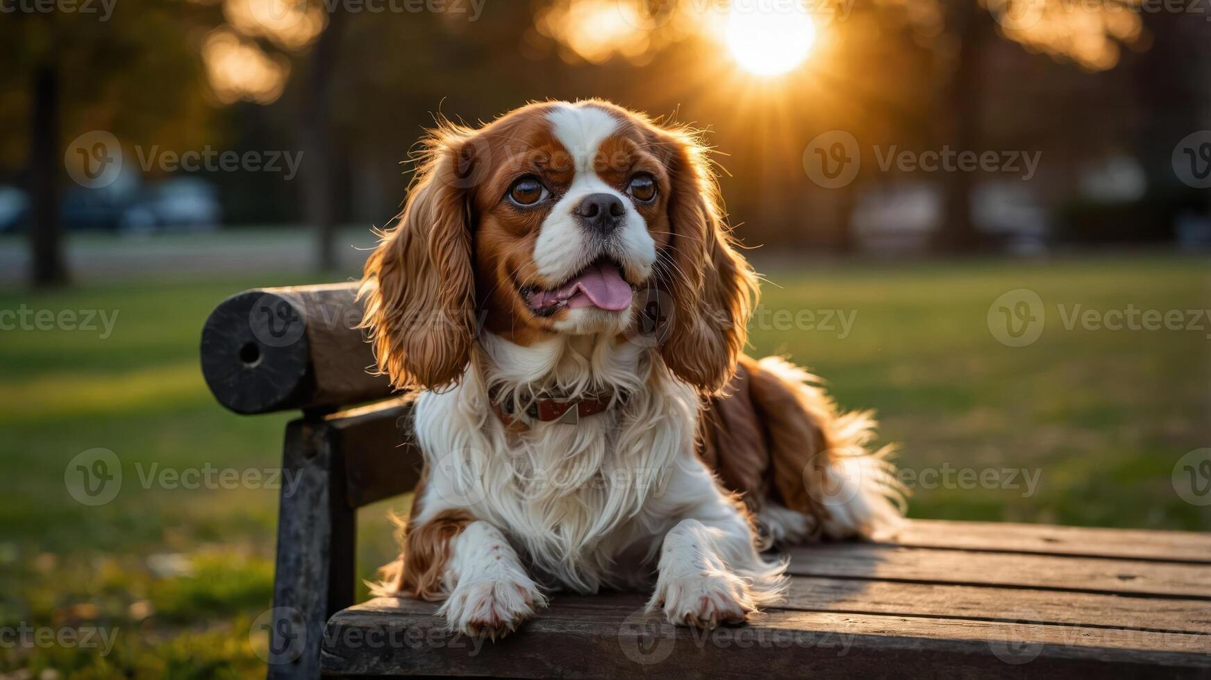 A dog lounging on a bench during sunset in a park. photo